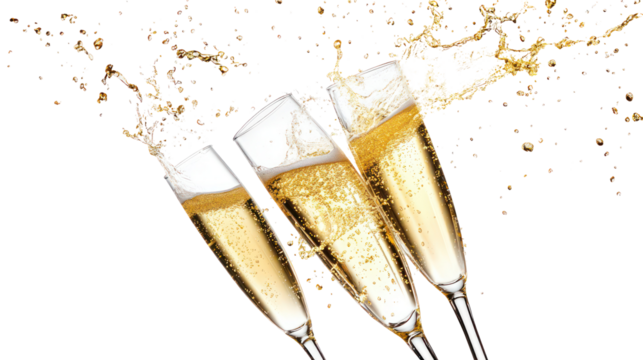 Three flutes of champagne splashing isolated on transparent background - Powered by Adobe
