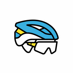 Blue and yellow cycling helmet with goggles, protective gear for athletes