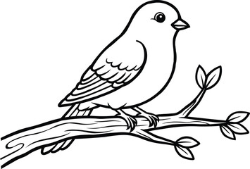 Simple black and white line drawing of a small bird perched on a bare tree branch with a few leaves