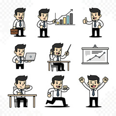 Collection of cartoon businessman character poses for office work and presentations