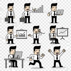Set of a businessman cartoon character in various professional poses and business situations