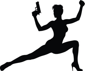 Silhouette, woman, action pose, handgun, dramatic stance, high heels, spy theme, combat, strength, bold, powerful, dynamic, fierce, stylish, weapon, short hair, wide stance, female fight
