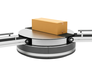 Cardboard box on an automated turntable conveyor belt system on a transparent background