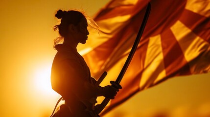 Powerful silhouette of female martial artist holding samurai sword against golden sunset backdrop with flowing fabric, depicting traditional Japanese warrior culture