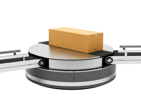 Cardboard box on an automated turntable conveyor belt system on a transparent background