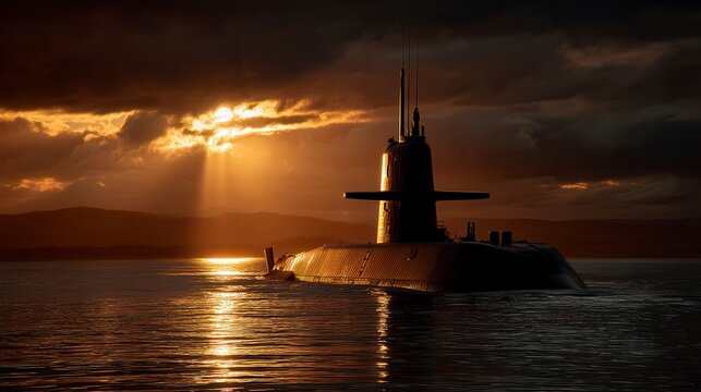 Dramatic military submarine silhouette surfacing at sunset with golden sunbeams breaking through dark storm clouds over calm ocean waters near coastal mountains - Powered by Adobe