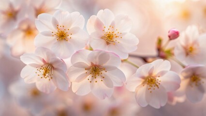 Delicate cherry blossoms in soft pink hues create a serene and tranquil atmosphere, capturing the beauty of spring's arrival.