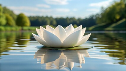 A serene white lotus flower floats on calm water, reflecting the surrounding greenery and blue sky, capturing a peaceful natural moment.
