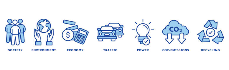 Sustainability icon set illustration concept with icon of society, economic, traffic, power, co2 emission, recycling