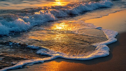 Naklejka premium Golden sunset waves lapping at beach sand