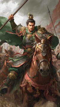 Warrior on horseback in ancient armor wielding a spear during battle