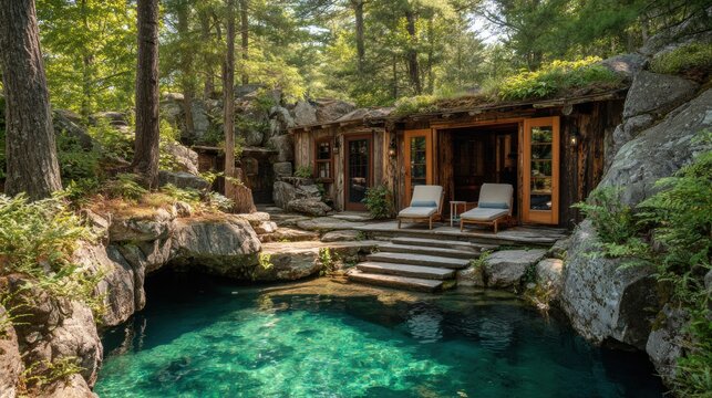 A secluded forest cabin with a natural rock pool and clear turquoise water surrounded by trees and greenery