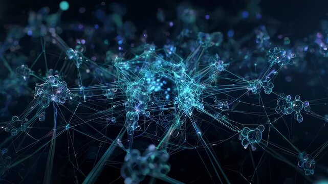 3D render of interconnected, illuminated structures with a complex network on a dark background