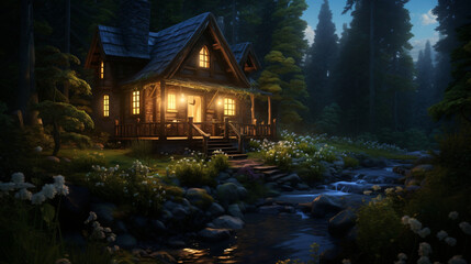 Fototapeta premium Forest Night Cabin