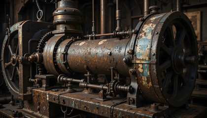 Naklejka premium A Detailed View Of An Old Industrial Steam Engine Featuring Rusted Metal Components, Including Gears, Pistons, Flywheels, And A Large Cylindrical Chamber
