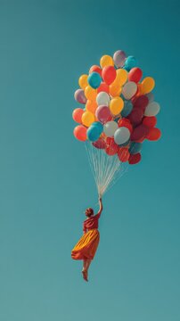 A woman in a red dress floats upward, held aloft by a cluster of colorful balloons against a clear blue sky.