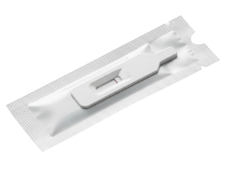 Rapid diagnostic test kit in a sealed sterile foil package on a transparent background