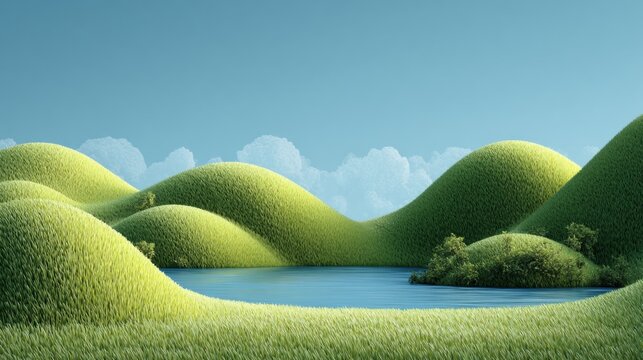 Serene landscape with rolling green hills and a calm lake under a clear blue sky