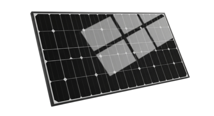Close up of a solar panel with reflections against a dark background