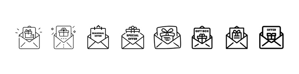 Promotional Email Line Icons – Special Offer, Coupon, Gift, Newsletter, Email Marketing Offer Line Icons Vector Set – Gift Box, Coupon, Seasonal Sale, Newsletter