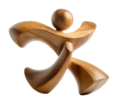 Dynamic wooden sculpture of human figure piece minimalist isolated on transparent background