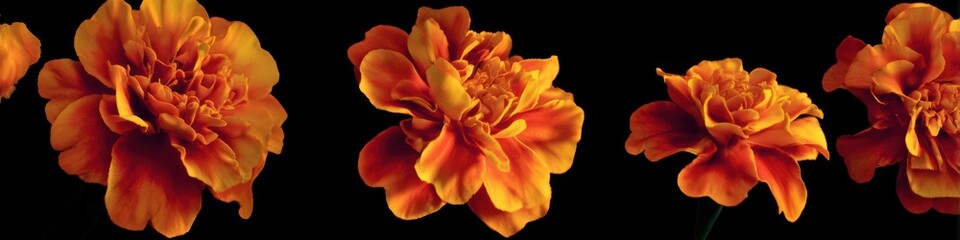 Obraz premium Close up of vibrant orange marigold flowers isolated on a dark background