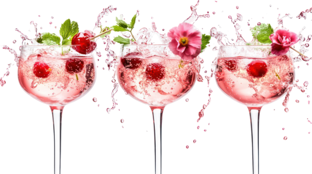 Three pink gin cocktails with raspberries and mint isolated on transparent background