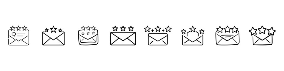 Email Feedback and Rating Line Icons Vector Set – Customer Review, 5-Star Message, Testimonial, User Opinion, Customer Satisfaction, Star Rating and Feedback Symbols