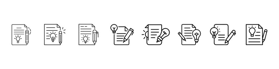 Creative Brief and Idea Document Line Icons Vector Set – Notes, Pencil, Light Bulb, Idea Document Line Icons – Creative Brief, Notes, Pencil, Bulb