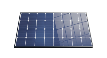 Close up of a modern solar panel reflecting the sky on a dark background