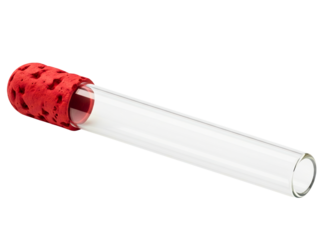 Empty glass laboratory test tube with a porous red stopper on a transparent background