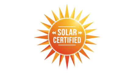 Ultra highresolution, professional studio photography of illustration of solar certified badge with sun icon isolated on transparent background
