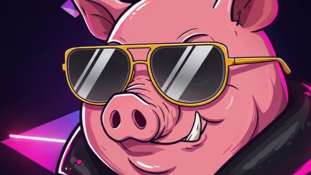 Cartoon pig in sunglasses and leather jacket on abstract background