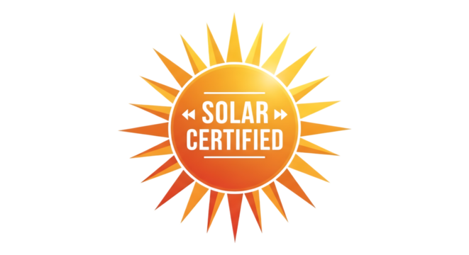 Ultra highresolution, professional studio photography of illustration of solar certified badge with sun icon isolated on transparent background