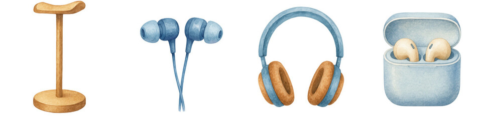 Watercolor style electronics and gadgets including headphones and earbuds perfect for Cyber Monday festival shopping deals and tech lovers
