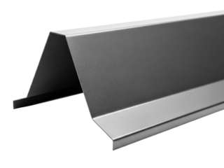 Metal roof ridge cap flashing with a gray powder finish on a transparent background