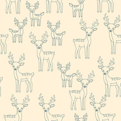 Deer and Reindeer Outline Seamless Pattern, Cute Forest Animal Vector Background for Christmas, Woodland Wildlife Fabric and Wallpaper
