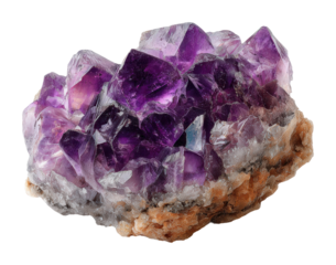 Glistening amethyst crystal cluster natural gemstone view isolated on transparent background