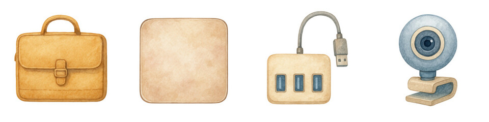Watercolor style electronics and gadgets including briefcase, USB hub, webcam, and square device for Cyber Monday festival excitement