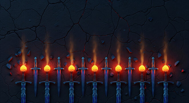 Fantasy 3d render of glowing magical swords in a row on a cracked volcanic ground background