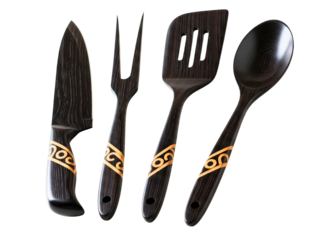 Elegant dark wood cooking utensil set with gold inlay design on a transparent background