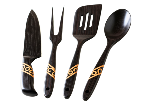 Elegant dark wood cooking utensil set with gold inlay design on a transparent background