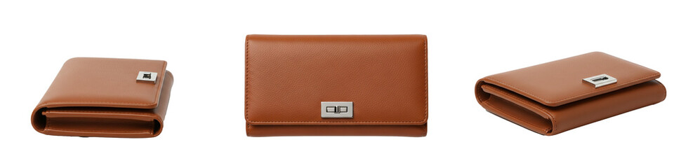 Stylish Brown Woman Wallet Presentation Multiple Angles of a Leather Billfold