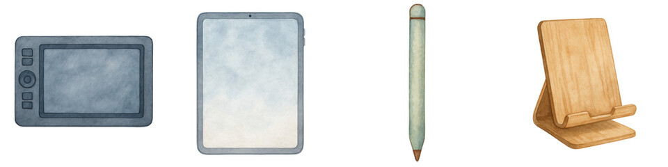 Watercolor style gadgets festival with cyber Monday electronics and creative tools for digital art and design in festive mood