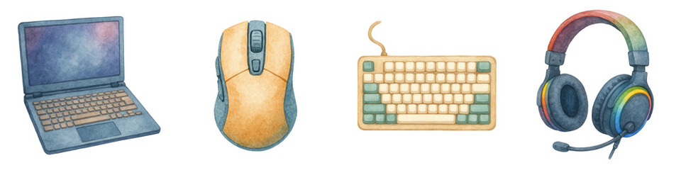 Cyber Monday festival features electronics and gadgets in soft watercolor style perfect for tech lovers and digital art fans