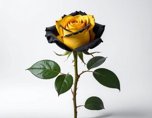 Striking yellow rose with black petals on a white background, symbolizing unique beauty and contrast.