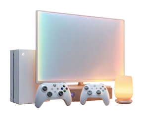 Gaming setup with console modern room digital display cozy ambiance isolated on transparent background