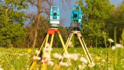 Two sky-blue surveying prisms on tripods in field