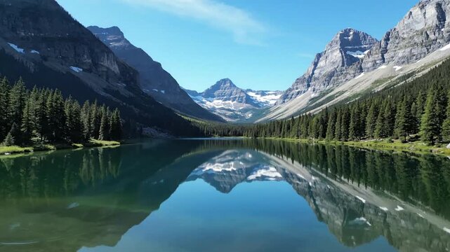 Spectacular Canadian Rockies mountain landscape with a perfect mirror reflection in a tranquil alpine lake on a clear summer day