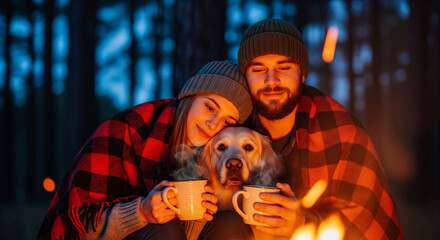 A happy young couple and their dog wrapped in a blanket enjoying a hot drink by a campfire at night in the forest